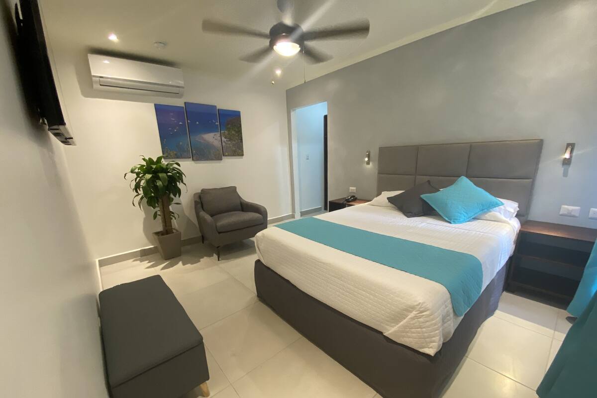 Un dormitorio moderno con una cama grande, un ventilador de techo, una planta en maceta y una pequeña zona de estar.