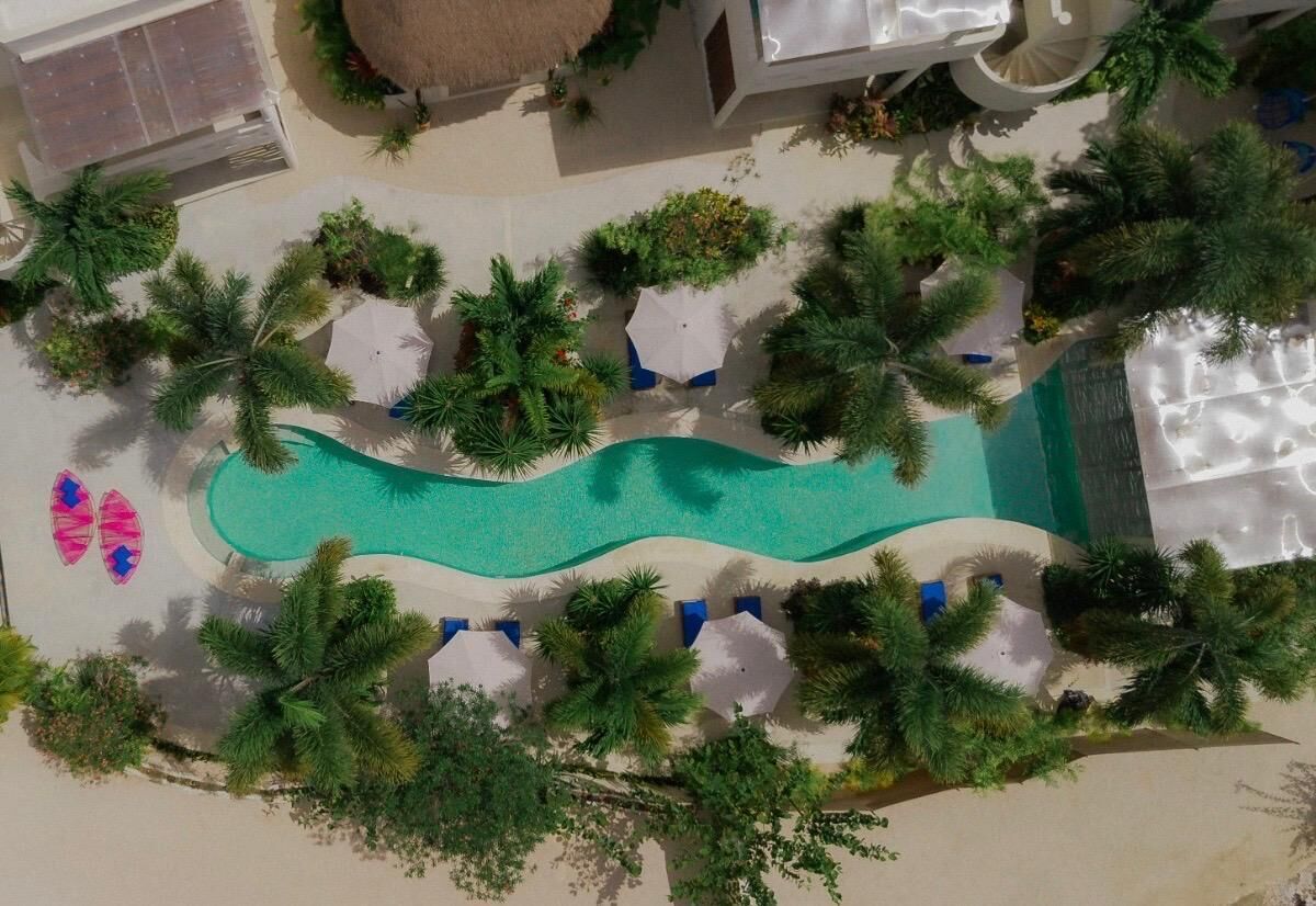 An aerial view of a resort with a swimming pool, lounge chairs, and palm trees.