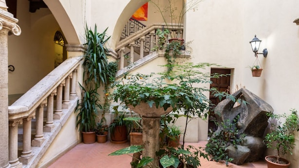 A courtyard with a stone staircase, potted plants, and a large rock sculpture.