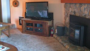Een woonkamer met een televisie op een houten dressoir, een stenen openhaard en een vloerbedekking.