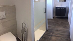 Ein modernes Badezimmer mit Duschabtrennung aus Glas, einer weißen Toilette und einem dunklen Holzboden.