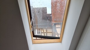 Een kamer met dakraam, een bed en uitzicht op gebouwen.