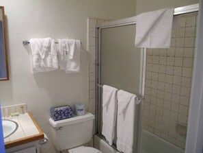 Hair dryer, towels, soap, shampoo