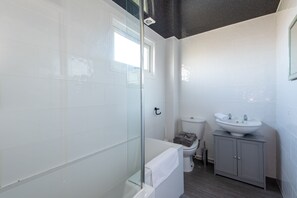 Combined shower/bathtub, hair dryer, towels, soap