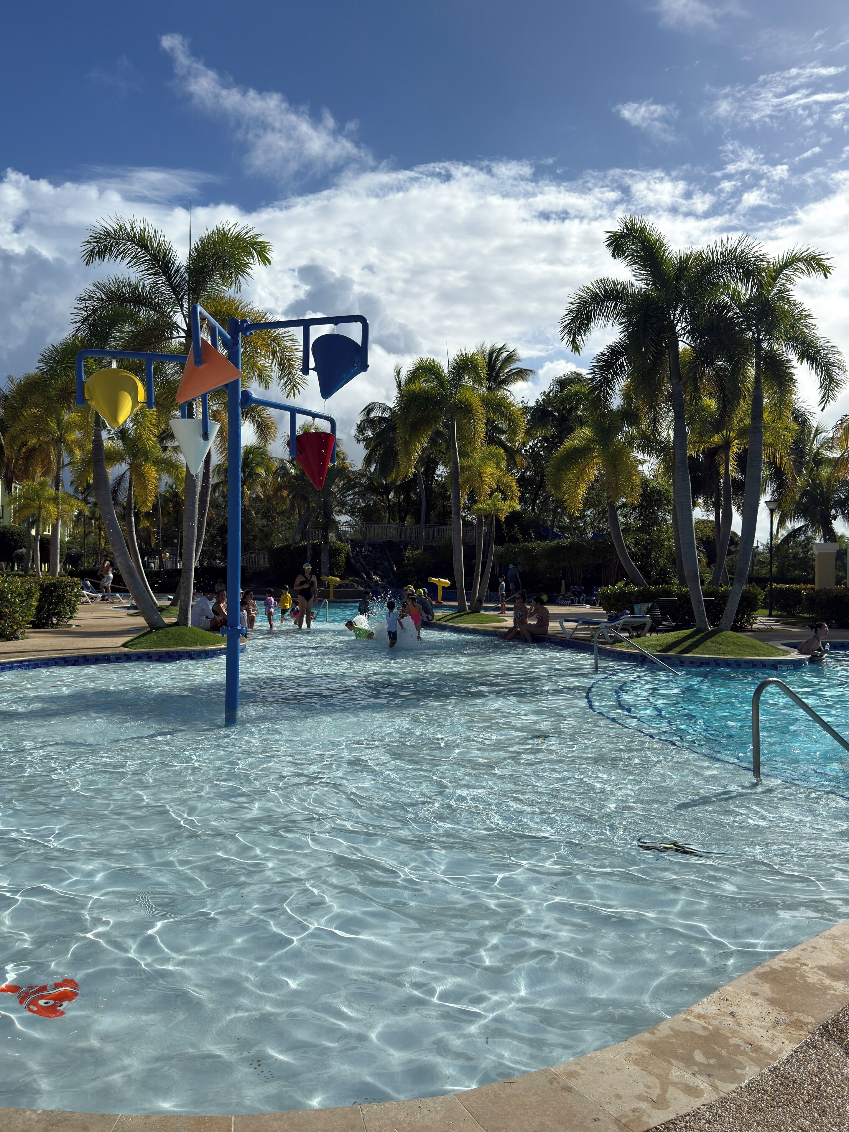 A swimming pool with clear water, surrounded by palm trees and a blue sky.