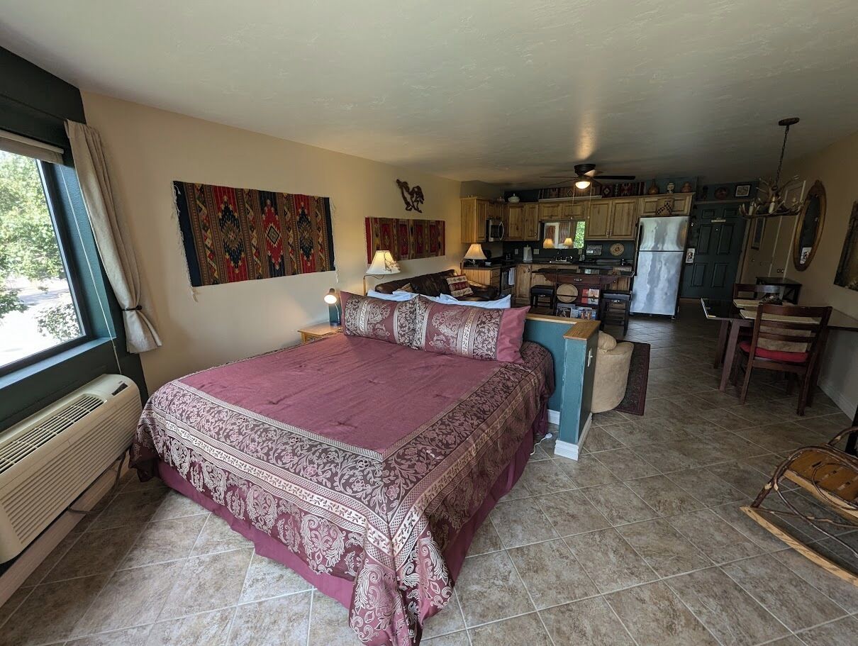 A bedroom with a large bed, a window with curtains, a radiator, and a kitchen area with cabinets and appliances.