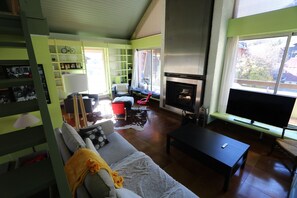 Télévision, cheminée, espaces bureaux