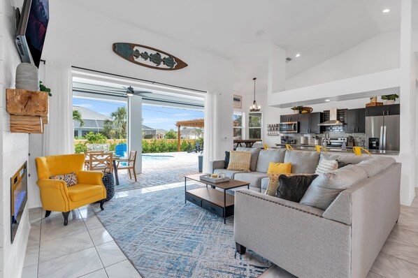 Smart TV, fireplace, video games, foosball