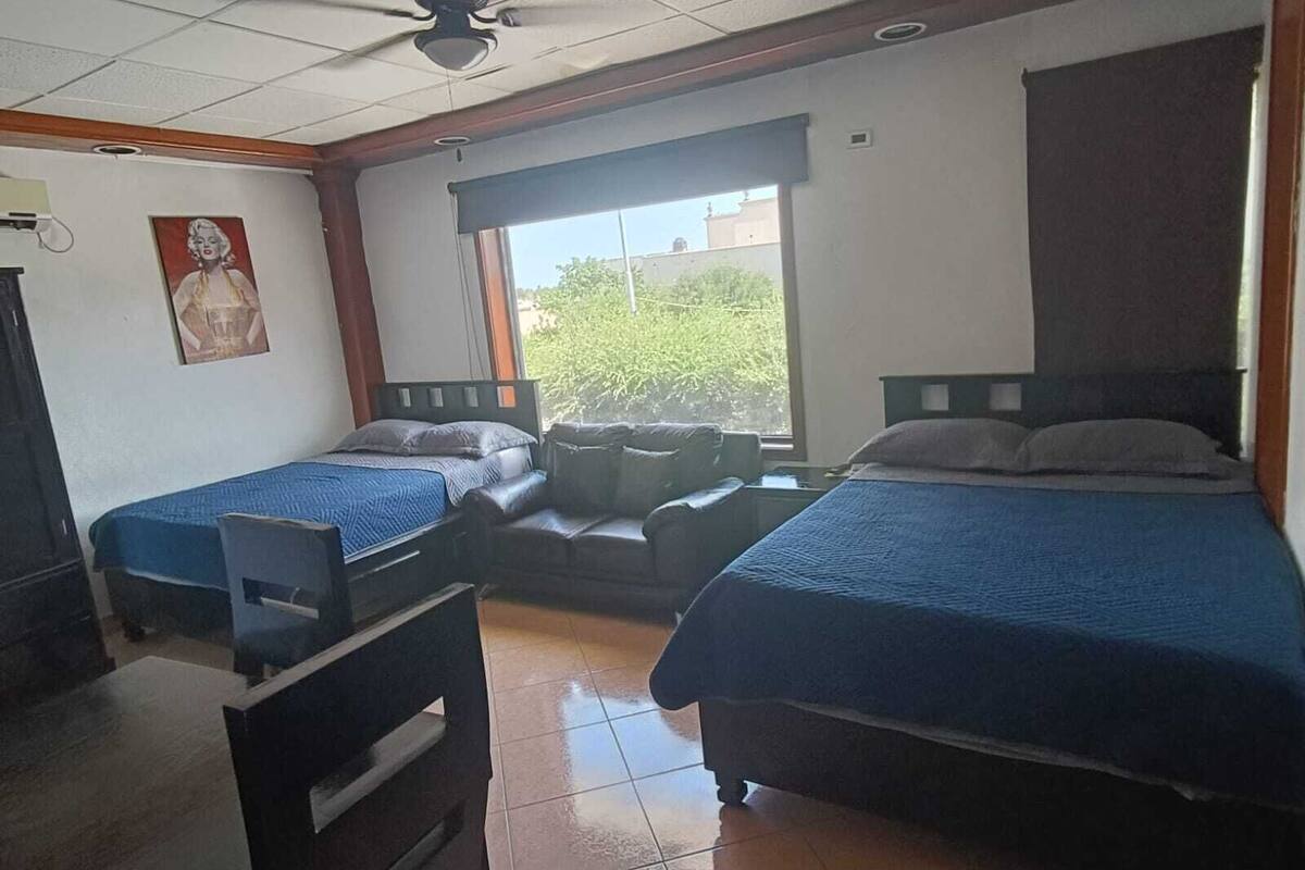 Ein Hotelzimmer mit zwei Einzelbetten, einem kleinen Schreibtisch, einem Stuhl, einem Fenster mit Blick auf Grünflächen und einem Deckenventilator.