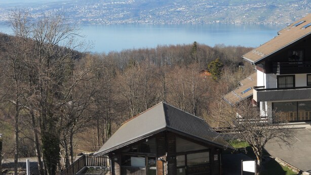 A building with a sloped roof, large windows, and a view of a lake and town in the distance.