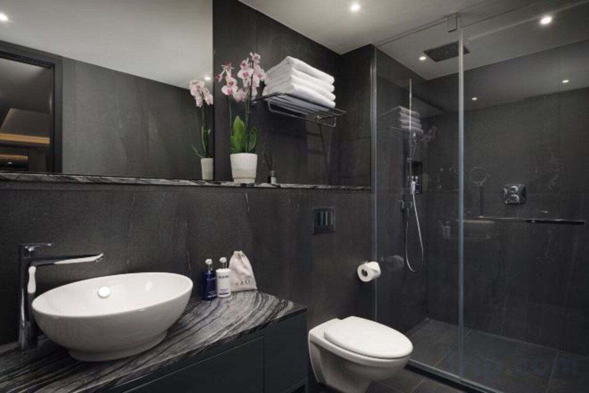 Een douche, een regendouche, gratis toiletartikelen, een haardroger