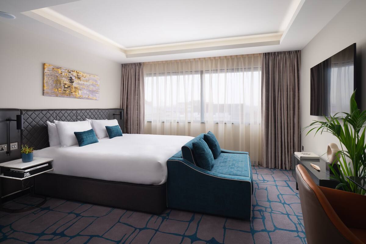 Une chambre d’hôtel moderne avec un grand lit, un bureau, une télévision et une plante en pot.
