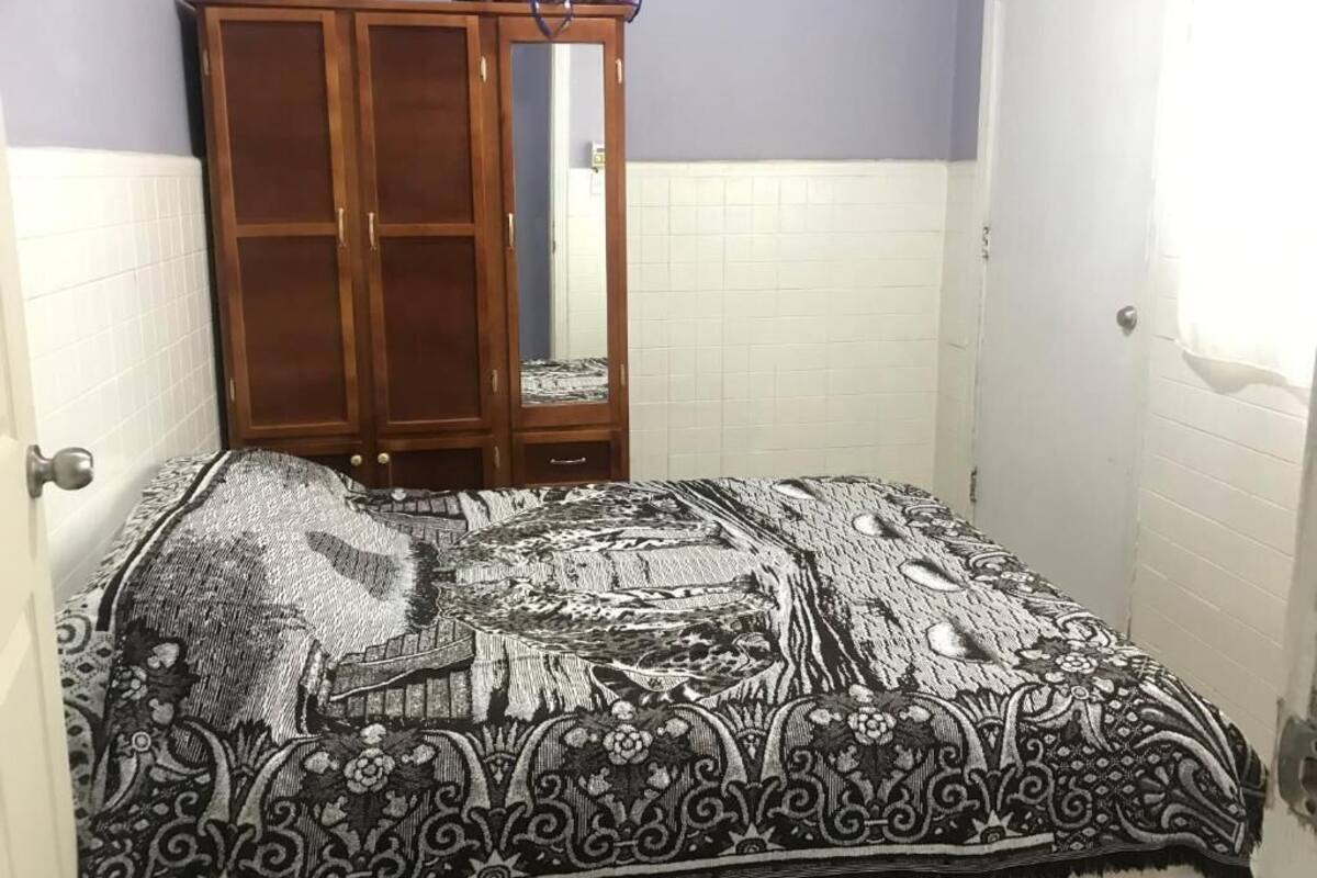 A bedroom with a bed, a wardrobe, and a door.