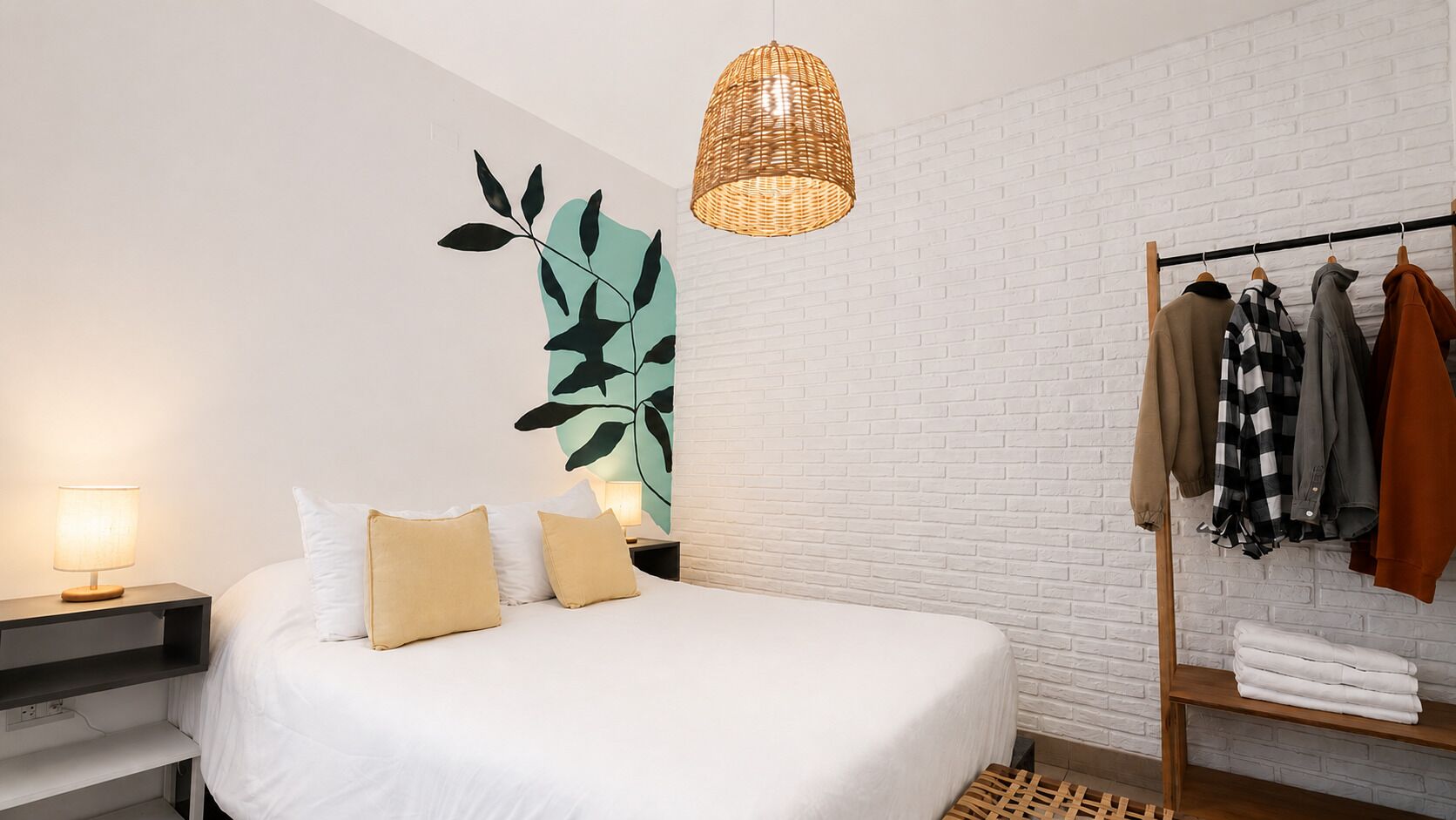 Une chambre d’hôtel avec un lit, une lampe de chevet, des œuvres d’art murales et un porte-vêtements.