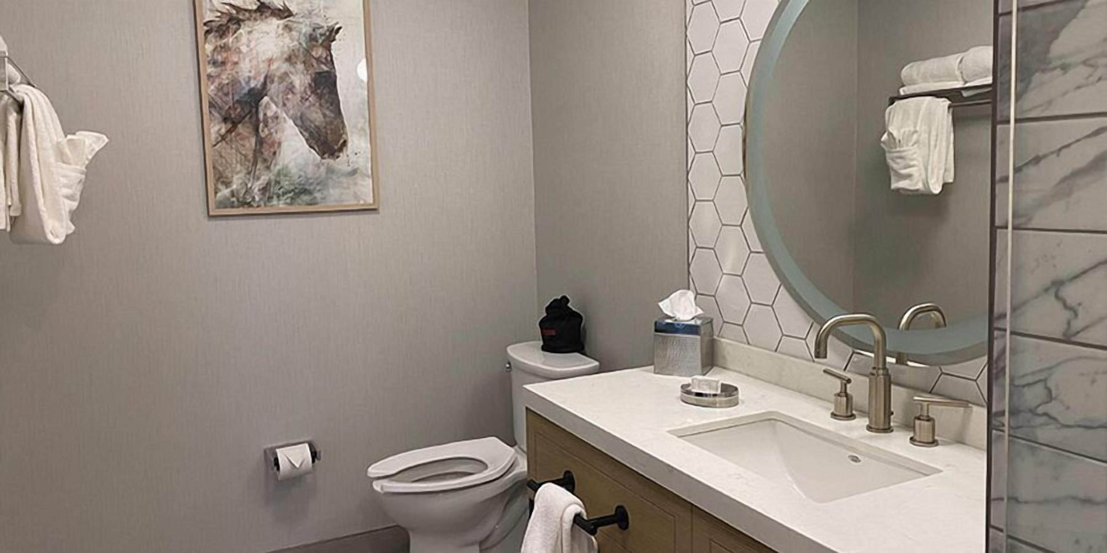 A modern bathroom with a toilet, sink, and mirror. There is a towel rack and a tissue box on the counter.