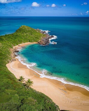 Un paisaje costero con una playa arenosa, aguas turquesas cristalinas y vegetación verde.