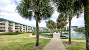 A hotel with a paved walkway leading to a pool area, surrounded by palm trees and a well-maintained lawn.
