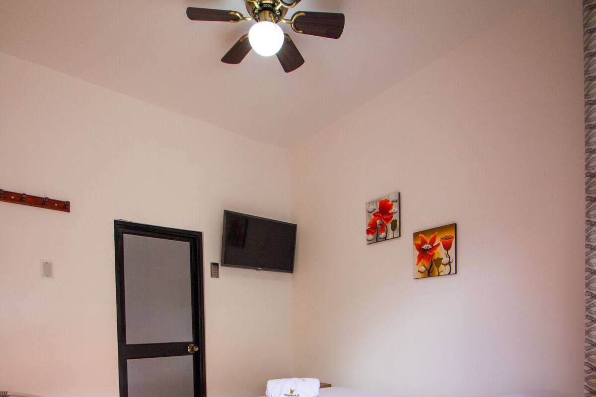 A small, clean room with a bed, a chair, a TV, and a door.