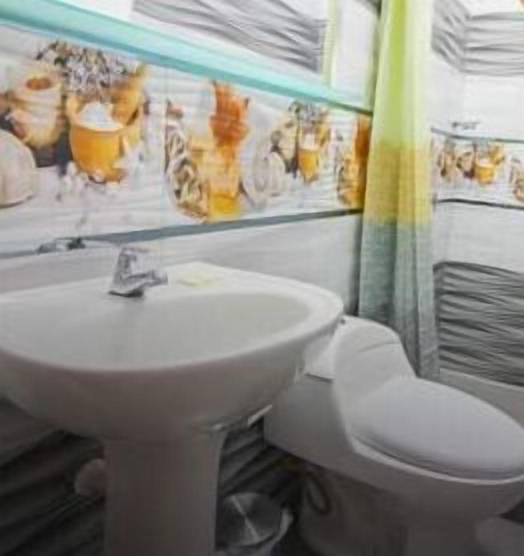 A bathroom with a sink and toilet, a mirror, and a shower curtain with a floral pattern.