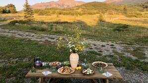 A picnic table set up in a grassy field with mountains in the background. - Mountain View Apartment (Placerville)