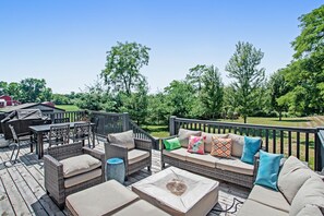 Outdoor dining - Family Home with Porch & Deck, Private Hot Tub, Firepit, & Fast WiFi - 1 Dog OK (Three Oaks)