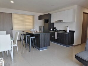 Fridge, microwave, oven, stovetop