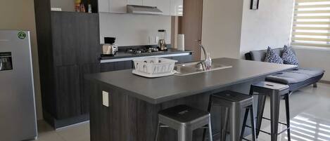 Fridge, microwave, oven, stovetop