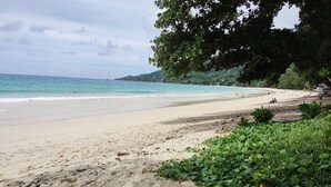 A beach with clear turquoise water, sandy shore, and lush greenery. - 2-Bed Apt, Sleeps 4, near Beau Vallon Beach (Mahe)