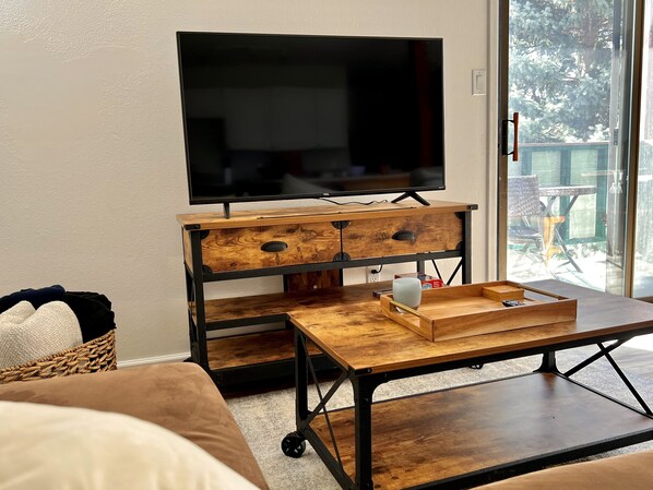 Living room with Roku TV - Cozy, Comfortable, Convenient 3BR, 2BA Condo in Dillon. Hot tub, ski access. (Dillon)
