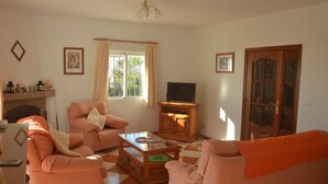 Ein Wohnzimmer mit zwei Sofas, einem Couchtisch, einer TV-Konsole, einem Kamin und einem Fenster mit Vorhängen.