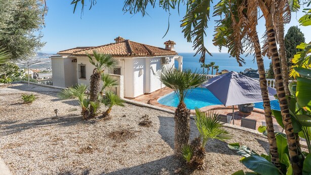 Une villa avec piscine, entourée de palmiers et offrant une vue sur la mer.