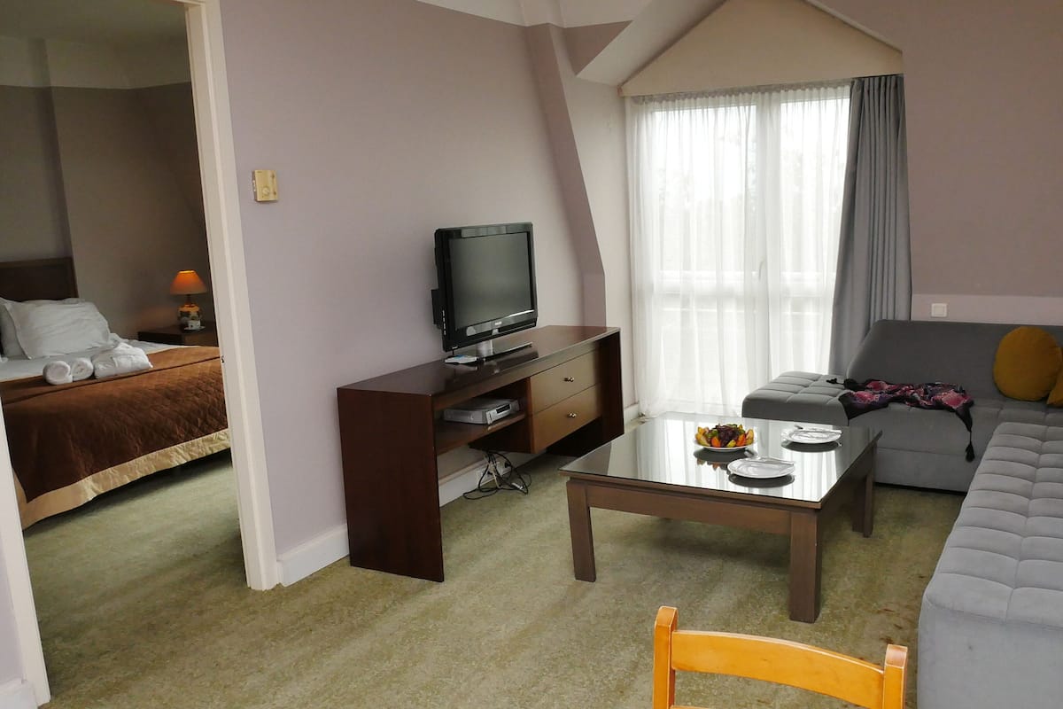 A hotel room with a bed, a TV, a sofa, and a coffee table.