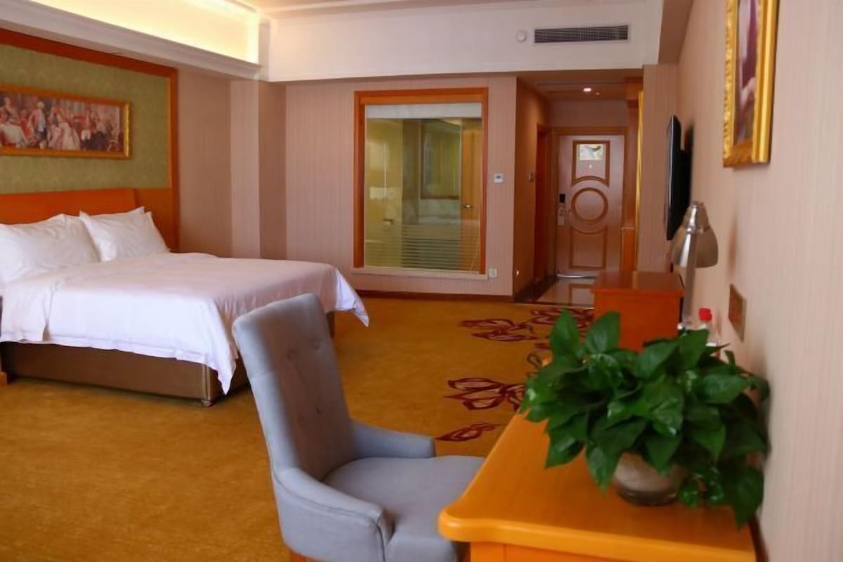 Habitación de hotel con cama, una silla, escritorio con planta y puerta que da a otra habitación.