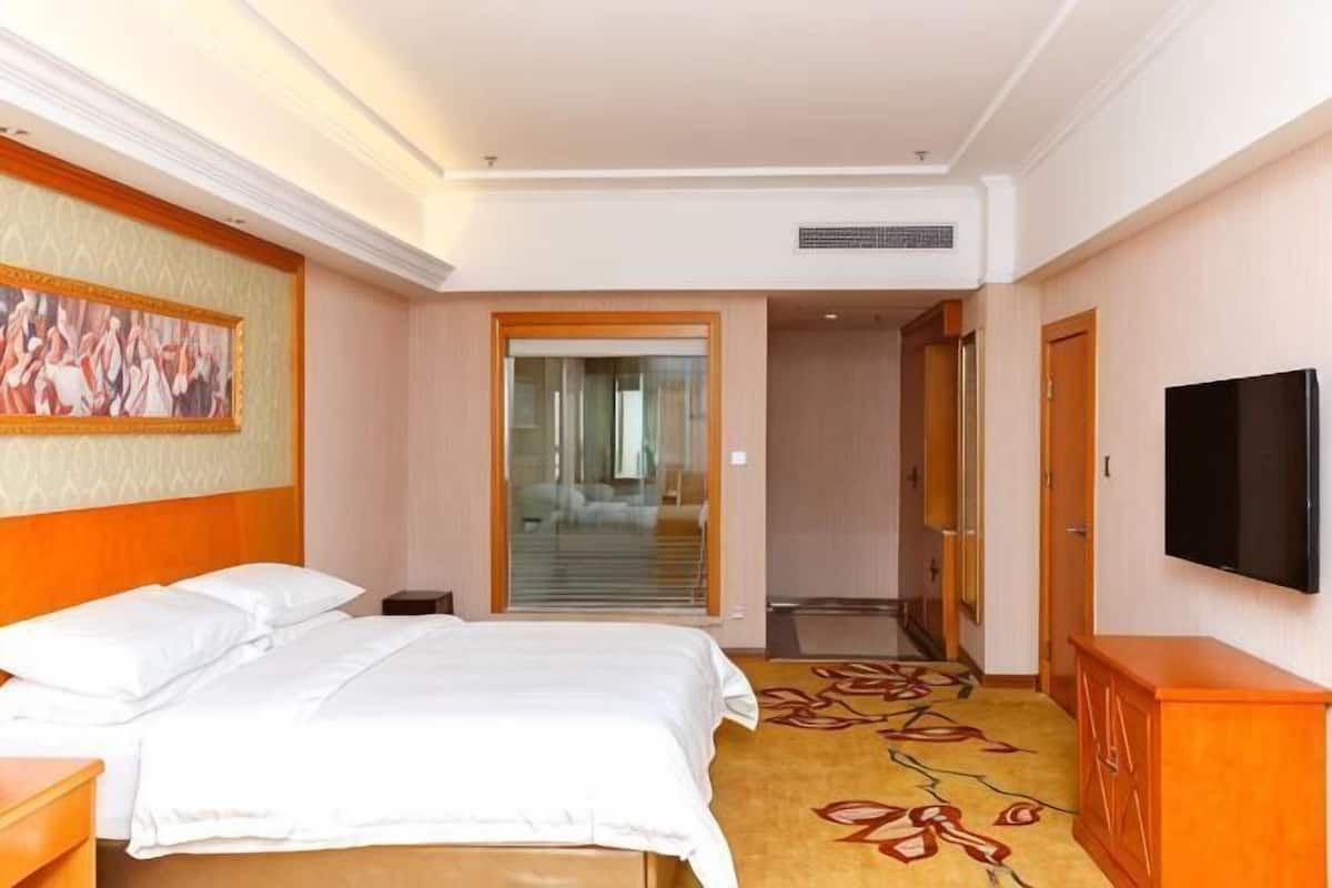 A hotel room with a bed, a television, a carpeted floor, and a door leading to a hallway.