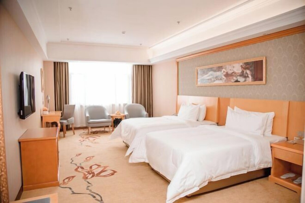 Habitación de hotel con dos camas, un escritorio, una silla, un televisor y un cuadro en la pared.
