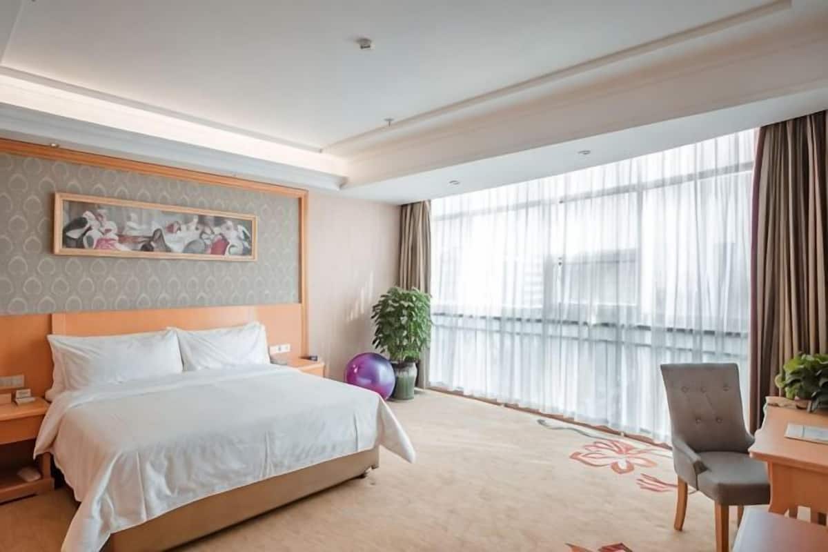 A hotel room with a large bed, a desk, a chair, a potted plant, and a large window with curtains.
