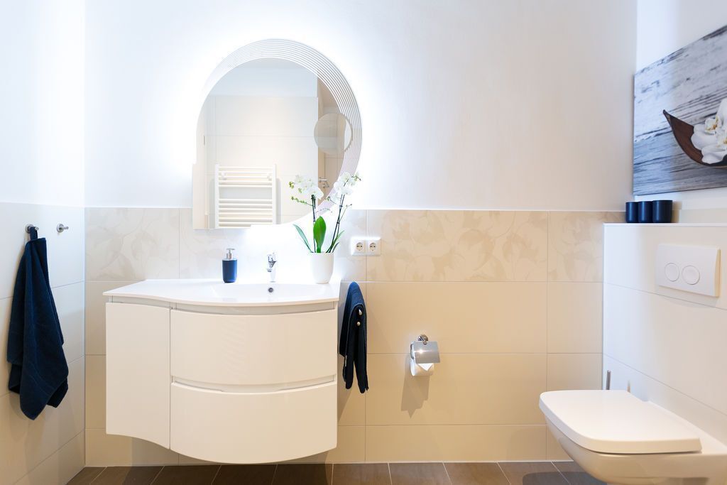 A modern bathroom with a curved vanity, a toilet, and a wall-mounted mirror.