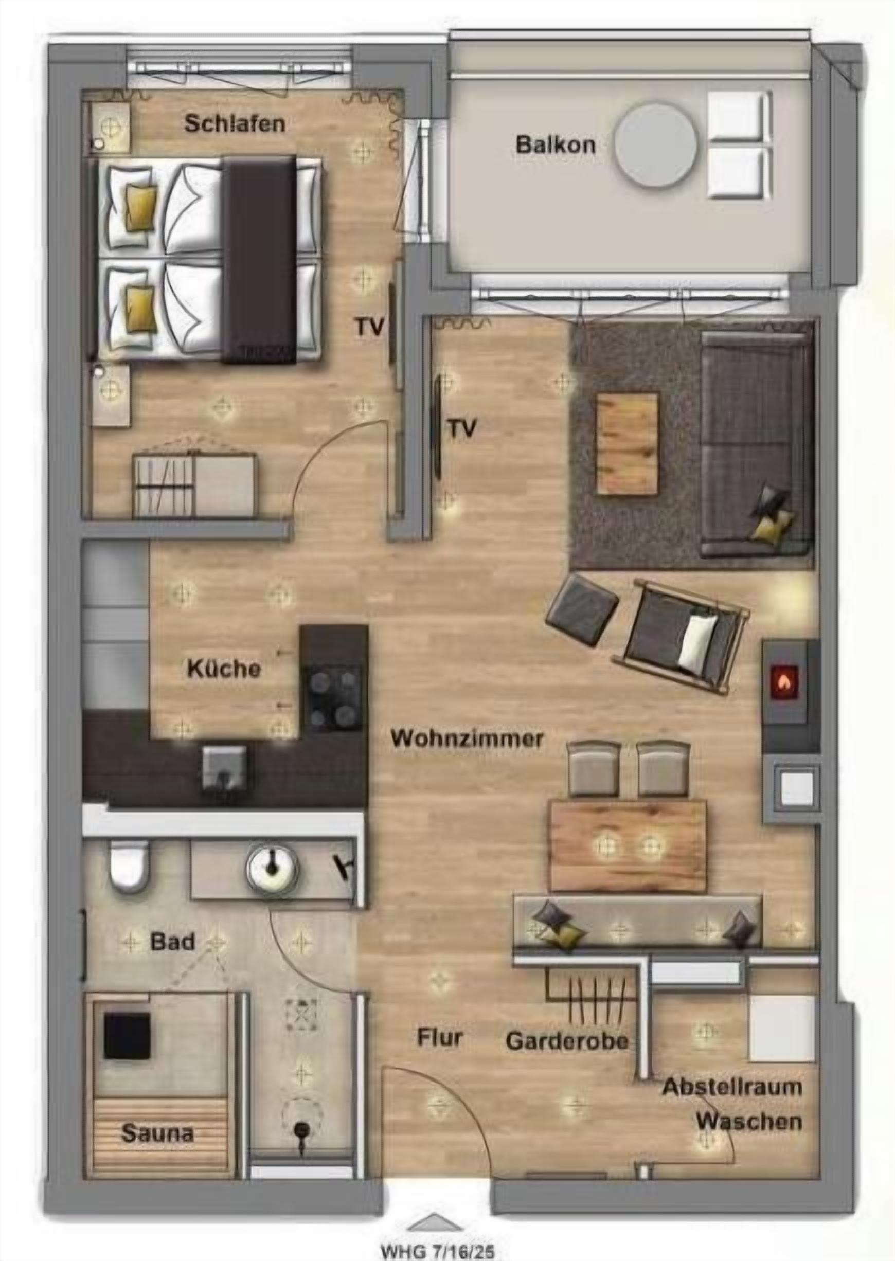 Un hôtel comprenant une chambre, un balcon, une cuisine, un salon, une salle de bain, un sauna et un espace jardin.