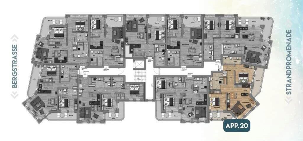 Un plan d’étage d’un hôtel comprenant de nombreuses chambres et un atrium central.