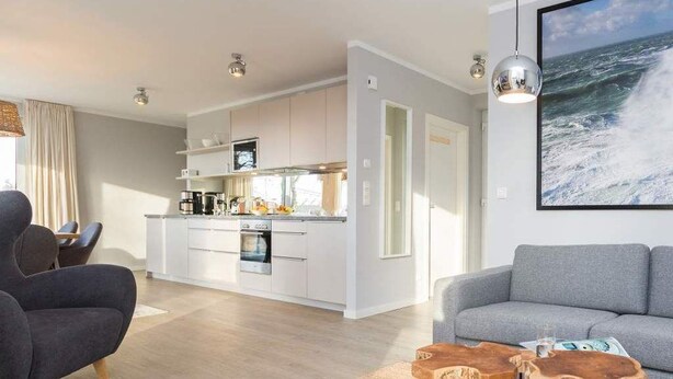 Ein modernes Wohnzimmer mit grauem Sofa, einem Holztisch und einer Küchenzeile mit weißen Schränken und Edelstahlgeräten.