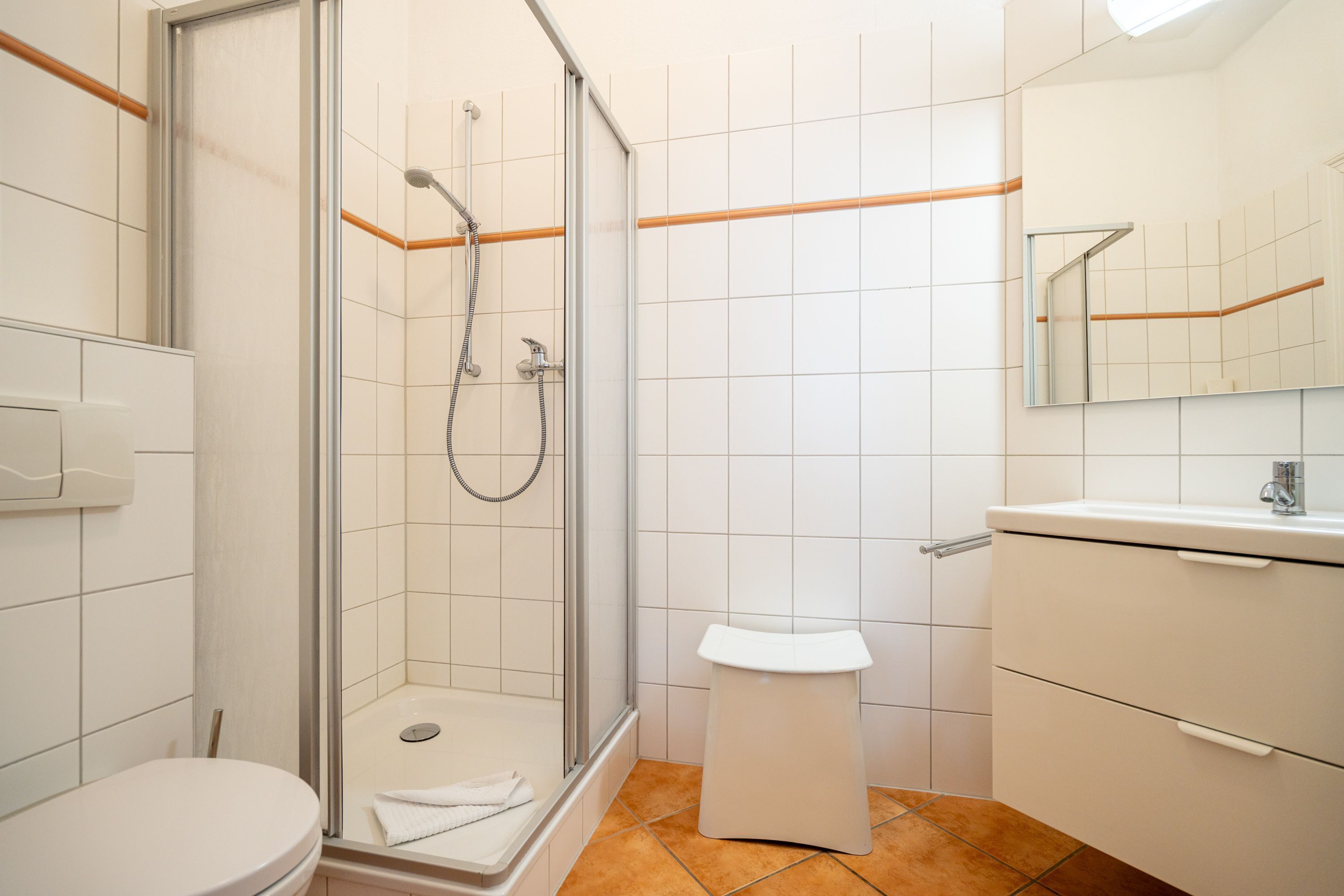 A bathroom with a glass-enclosed shower, a toilet, and a sink with a mirror above it.
