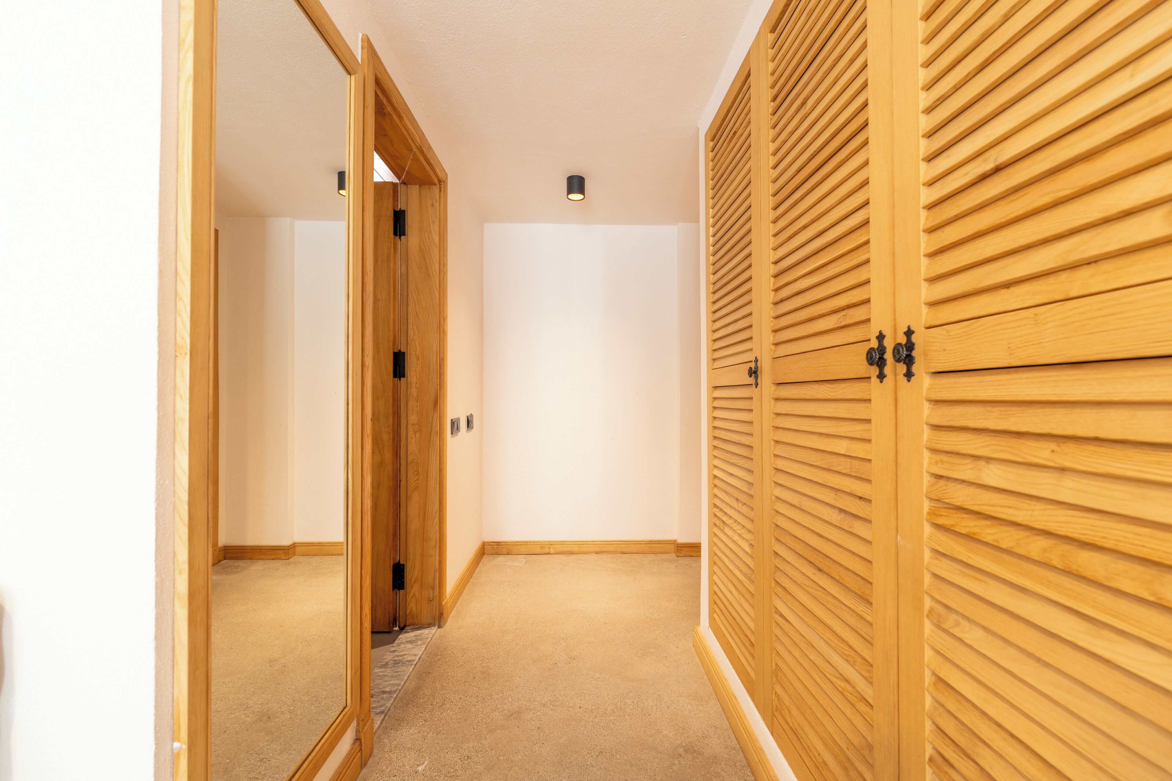 Un couloir avec une porte en bois, un luminaire et un mur en bois composé de lattes horizontales.