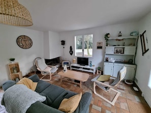 Un salon comprenant un canapé, des fauteuils, un téléviseur, une cheminée et une bibliothèque.