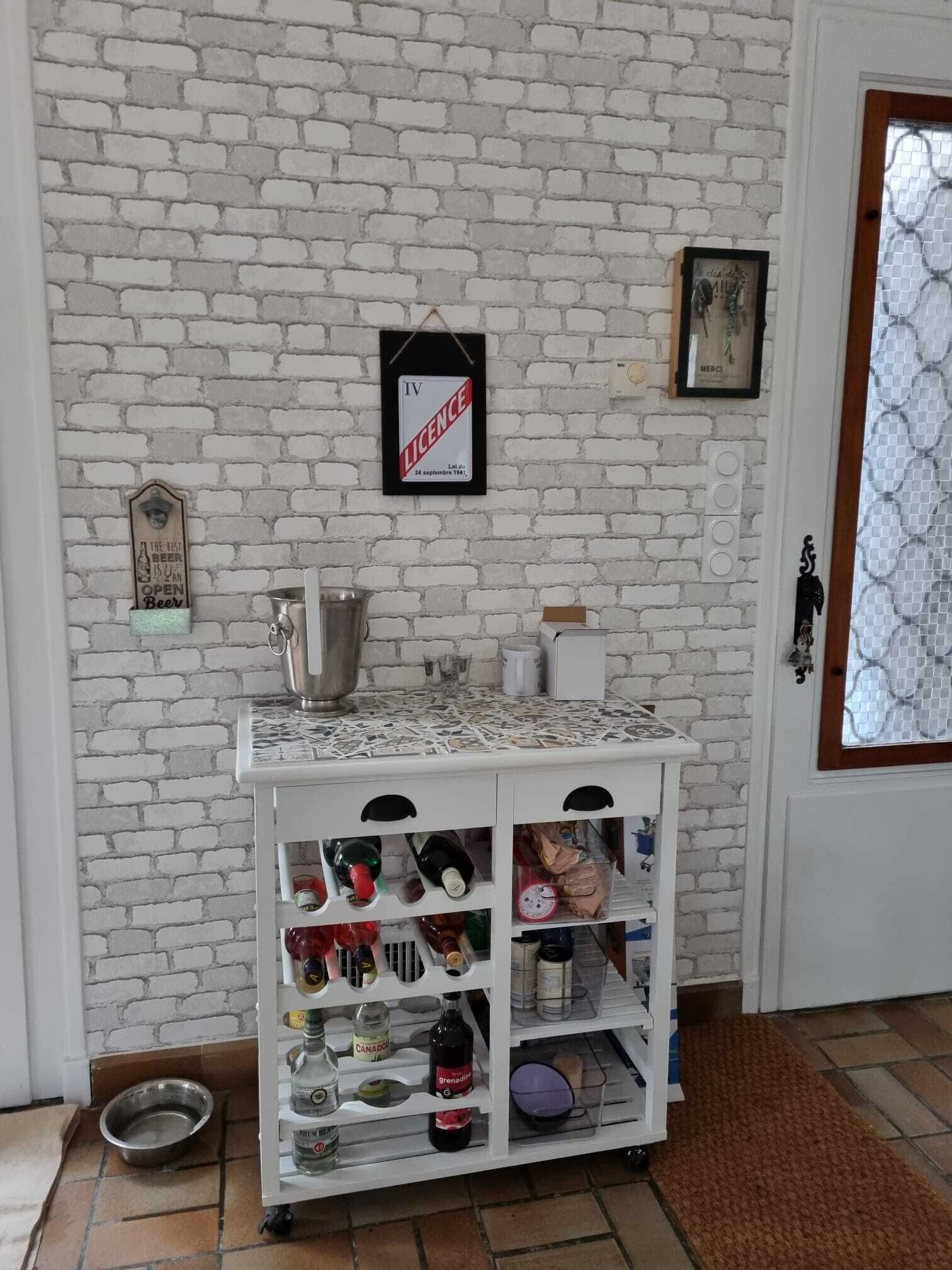 Une pièce avec un mur en briques blanches, un seau en métal, un chariot blanc muni d’étagères remplies de bouteilles, un bol en métal et une porte avec un panneau de verre.
