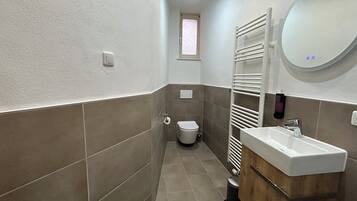 Combined shower/bathtub, hair dryer, towels, soap