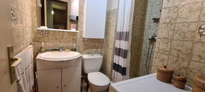 Regadera, secadora de cabello, jabón, papel de baño