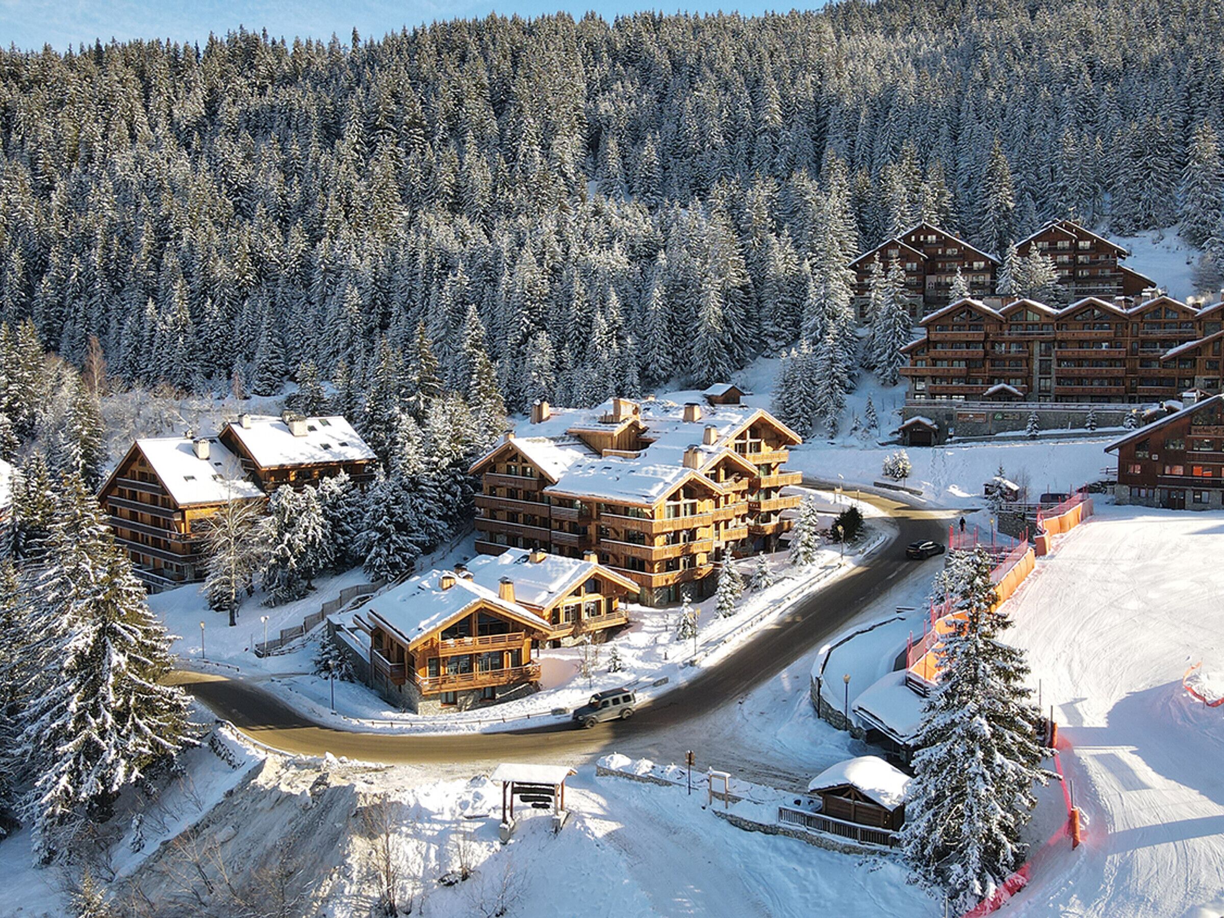 A snow-covered lodge with multiple wooden buildings, a winding road, and a dense forest in the background.