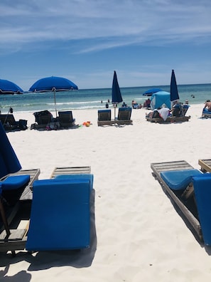 A beach with rows of blue lounge chairs and umbrellas, a sandy beach, and the ocean in the background. - Big Balcony beach front corner unit. Next to county pier. 4 Beach chair service! (Panama City Beach)