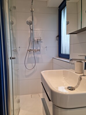 Shower, hair dryer, toilet paper
