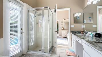 Hair dryer, towels, soap, shampoo